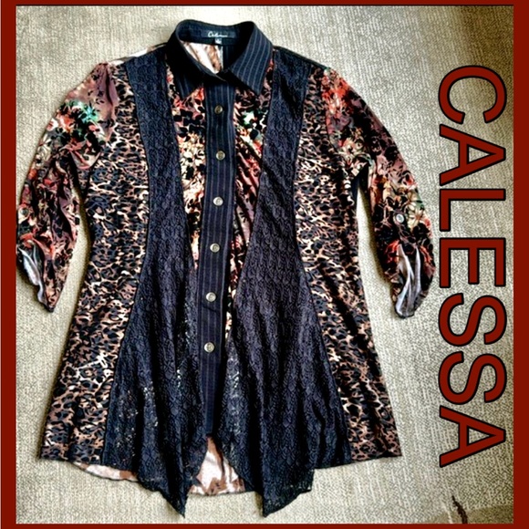 CALESSA BLACK LEOPARD ASYMMETRICAL BUTTON DOWN TOP w/COLLAR-ROLLABLE SLEEVES SzL - Picture 9 of 14